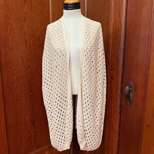 Common Threads Crochet Cardigan Oatmeal Beige Cotton Open Front Sweater L Petite